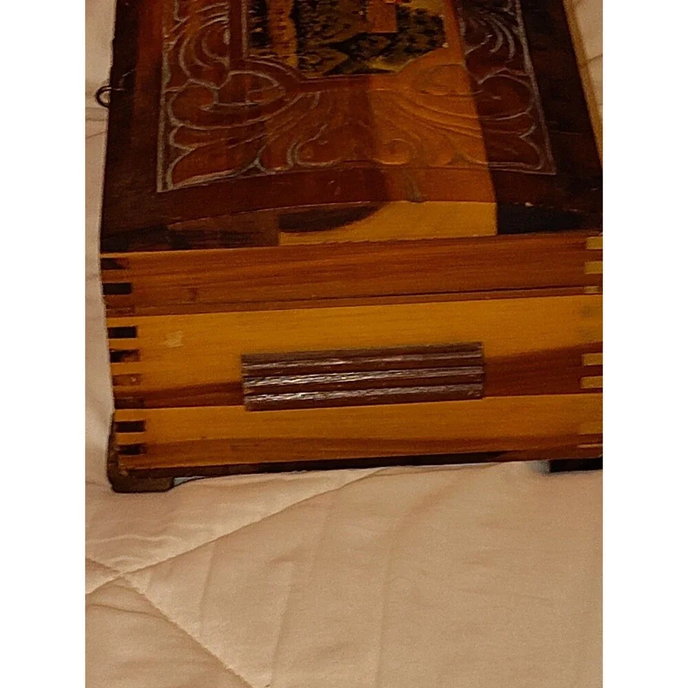 Vintage Mid-Century Carved Cedar Jewelry Box with Cottage Scene Interior Mirror